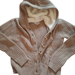 Derek Heart Cable Knit Hooded Cardigan Jacket Girls 12 Tan Sherpa lind Excellent